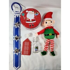 Christmas Decor Lot Elf Plush‎ Santa Tin Jingle Bell Door Hanger Ornaments